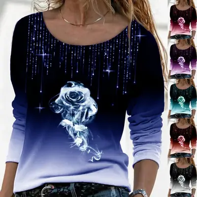 2023 Rose Print Long Sleeve T-Shirt Women Purple