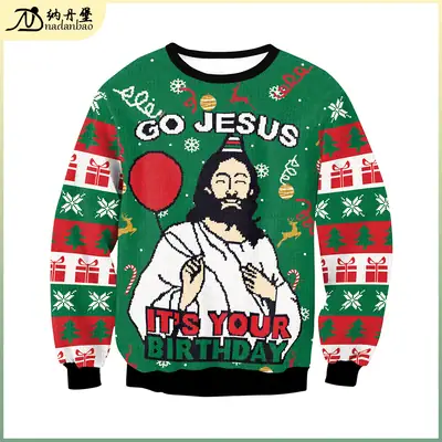 2025 Christmas Printed Sweatshirt Green Jesus Couple Long Sleeve