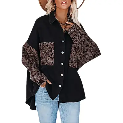 Women's Black Leopard Print Long Sleeve Shirt Coat
