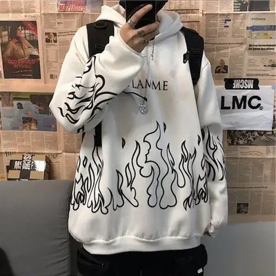 White Fleece Hooded Sweatshirt with Flame Print