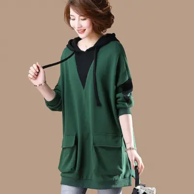 Women Korean Style Hoodie Blue Long Sleeve Plus Size