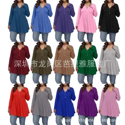 2026 V-Neck Button Pleated Women's T-Shirt Purple Large