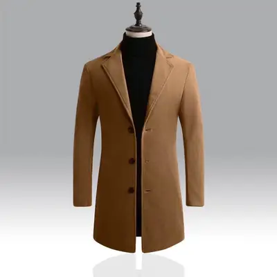 Men Woolen Windbreaker Black Slim Fit Single Breasted