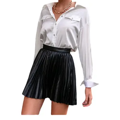 Women Pleated Skirt Brown Long Sleeve Casual Wear