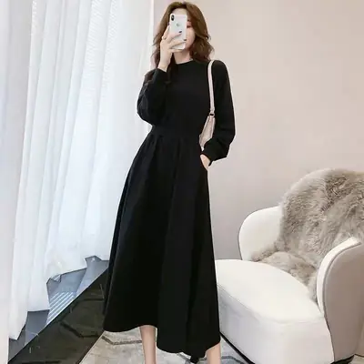 Korean Style Long Sleeve Black Dress Large Swing Waist