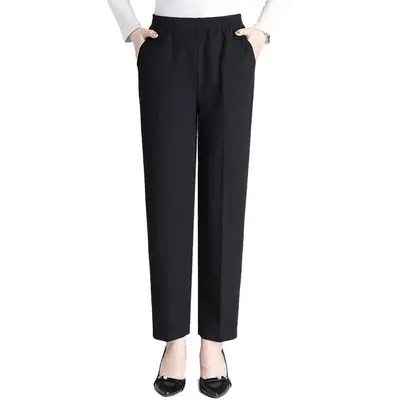 Middle-Aged Elastic High-Waist Mom Pants Black