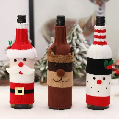 Knitted Christmas Bottle Set with Santa, Elf & Snowman Design