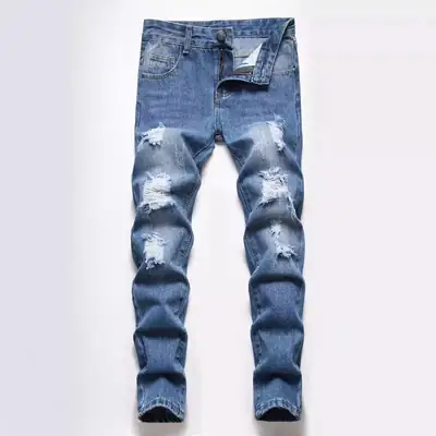 Men Blue Hole Denim Pants Medium Large