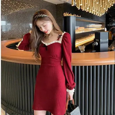 Women Knitted Lace Dress Red 2022 Spring Autumn