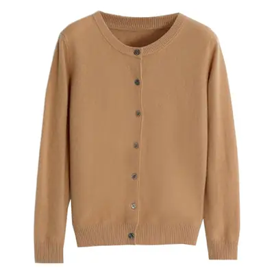 Women's Knitted Crewneck Sweater Coat Brown Long Sleeve