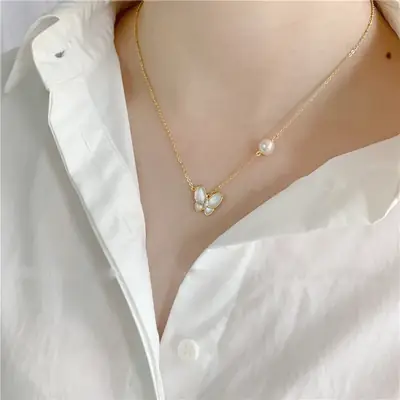 18K Gold Butterfly Pearl Necklace for Women