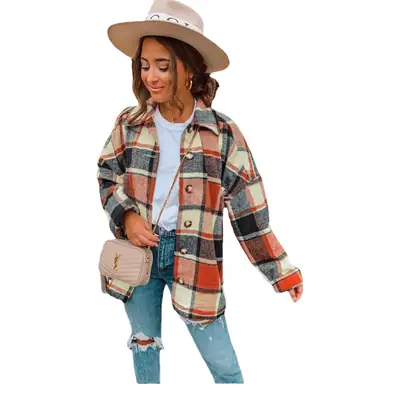 Women Plaid Long Sleeve Jacket Mid Length Loose Cotton