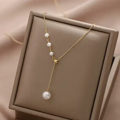 18K Gold Pearl Necklace for Women Adjustable