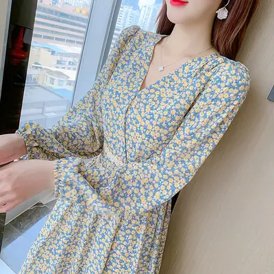 Women Floral V-Neck Dress 2024 Autumn Slimming