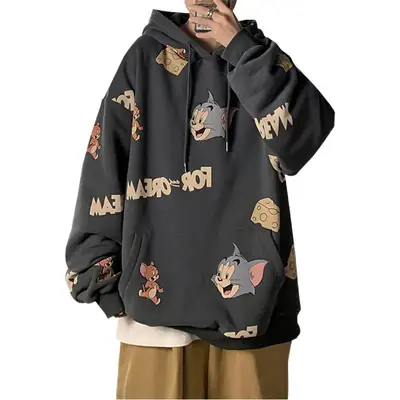 Men's Cartoon Hoodie Blue Velvet Autumn Winter