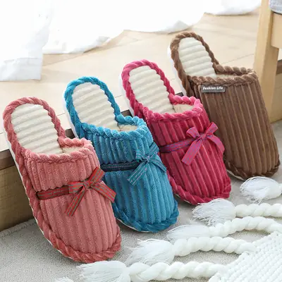 Bowknot Cotton Winter Slippers Blue Female Men
