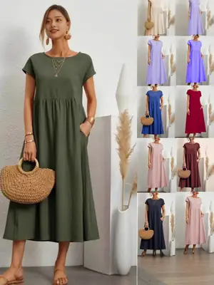 2025 Green Sleeveless Cotton Linen Dress for Women