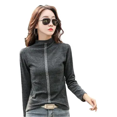 Women Grey Turtleneck Slim Fit Shirt Winter Korean Style