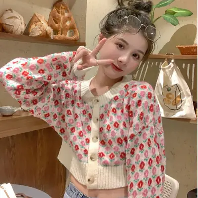 Women Knitted Sweet Girl Sweater Coat Blue Spring Autumn