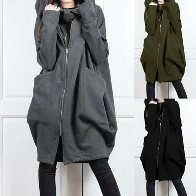 2023 Women Black Hooded Zipper Long Coat