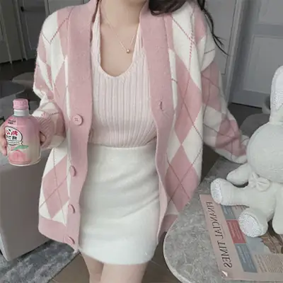 Women's Black White Diamond Mid-Length Cardigan Coat 2023