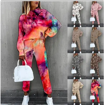 Women Pink Tie-Dye Sweatpants Set Long Sleeve Hoodie