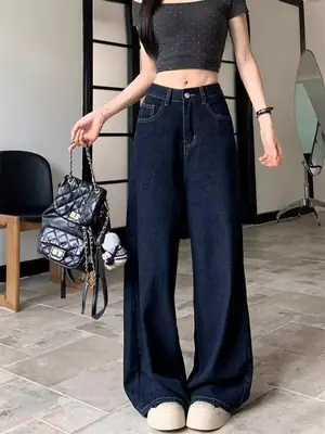 Dark Blue Wide Leg Jeans for Women Loose Summer Wear