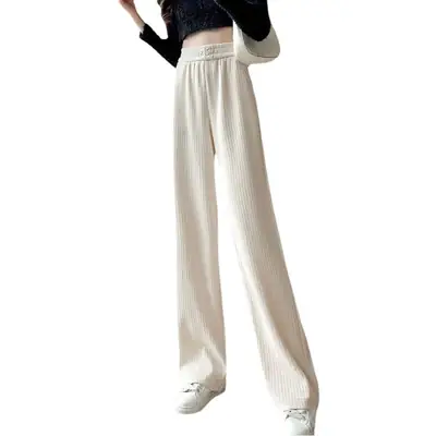 White Velvet Wide Leg Pants for Women Spring Fall