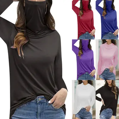 Women's Black High Collar Long Sleeve T-Shirt Top