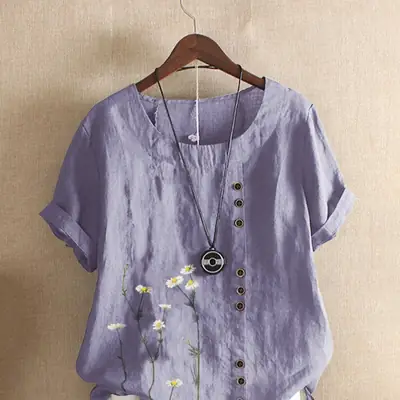 Green Vintage Linen Blouse with Floral Print & Button Front