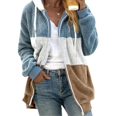 Women Hooded Plush Coat Green White Striped Winter Warm