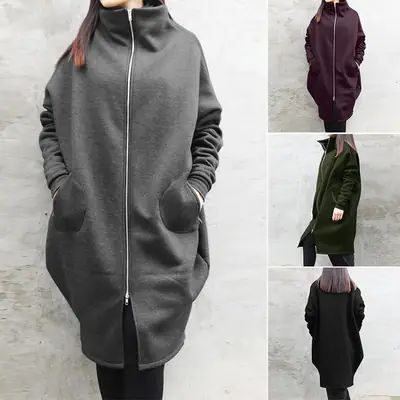 2023 Women Grey Zipper Hooded Sweatshirt Long Coat