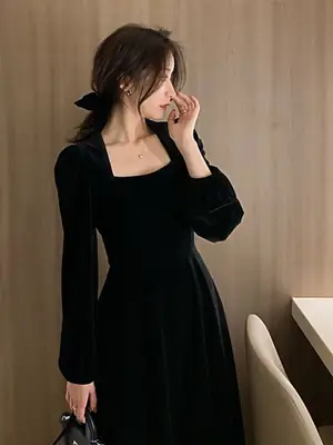 Black Velvet Square Neck Mid-Length Dress for Women