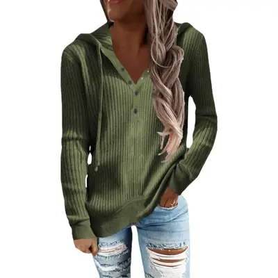 Orange Long Sleeve V-Neck Hooded Sweater for Women