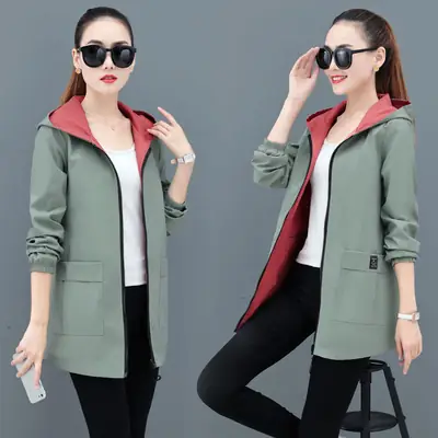 Women Reversible Trench Coat Black Red Hooded Spring Top