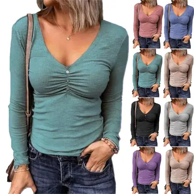 2022 Women's Long Sleeve V-Neck T-Shirt Top