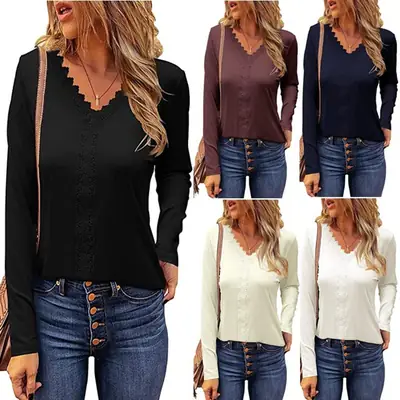 New Women's Lace Long Sleeve V Neck T-Shirt Black Brown White