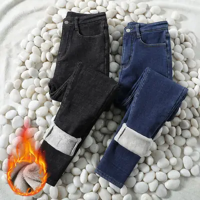 Women Jeans Black Fleece Lined Slim Fit High Waist Elastic