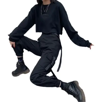 Black Korean Style Hip Hop Trousers for Women