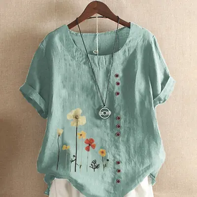 Green Floral Embroidered Loose Top for Women