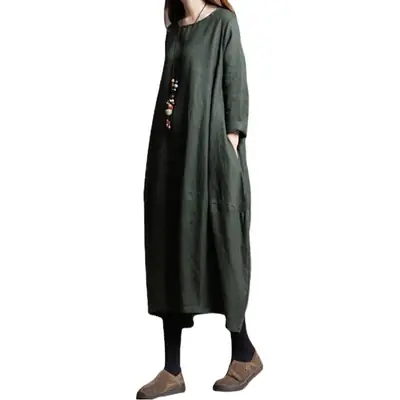 Korean Style Long Sleeve Women's Dress Large Cotton Linen