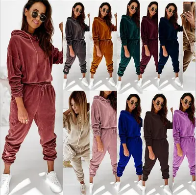 Women Velvet Hooded Sweatpants Set Green Winter Casual