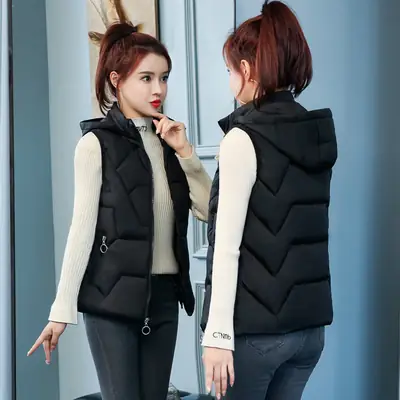 Women Red Hooded Vest Down Cotton Large Size