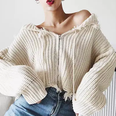 Black Zipper Hooded Knitwear Jacket for Women