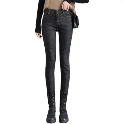 Women Fleece Lined Slim Fit Jeans 2023 Spring Autumn