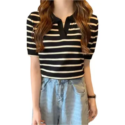 Women Striped Polo Top Slim Fit Summer Wear