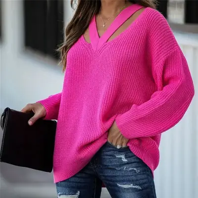 Orange Knit Pullover for Women Large V-Neck Commuter Wear