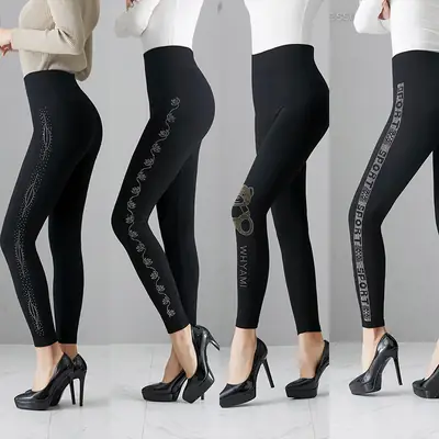 Black High Waist Slimming Leggings with Rhinestones