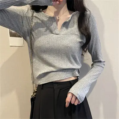 Women V-neck Long Sleeve T-Shirt Grey Slim Fit
