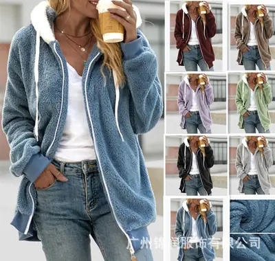 Women Hooded Zipper Coat Grey Plush Hooded Winter Wear